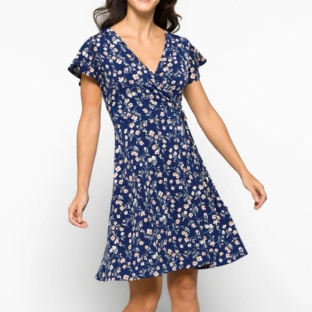 Kaileigh Blue Floral Wrap Dress XL Flutter Sleeve Flowy Midi Casual Summer